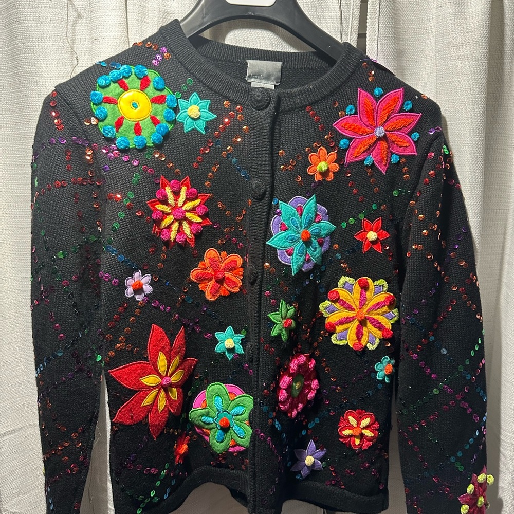 Berek Women’s Floral Button Front Black Cardigan Size M Sequins Embellished Vtg
